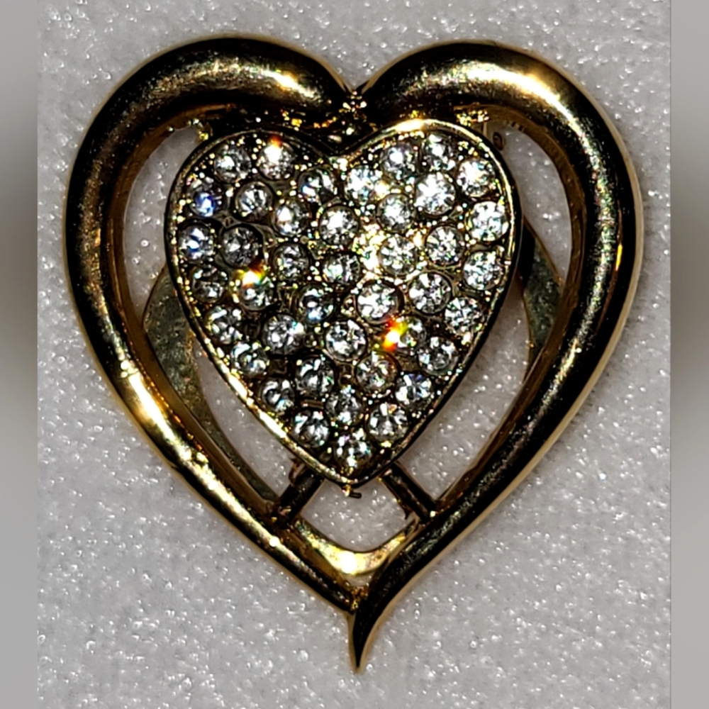 Vintage Rhinestone Heart Goldtone Scarf Clip